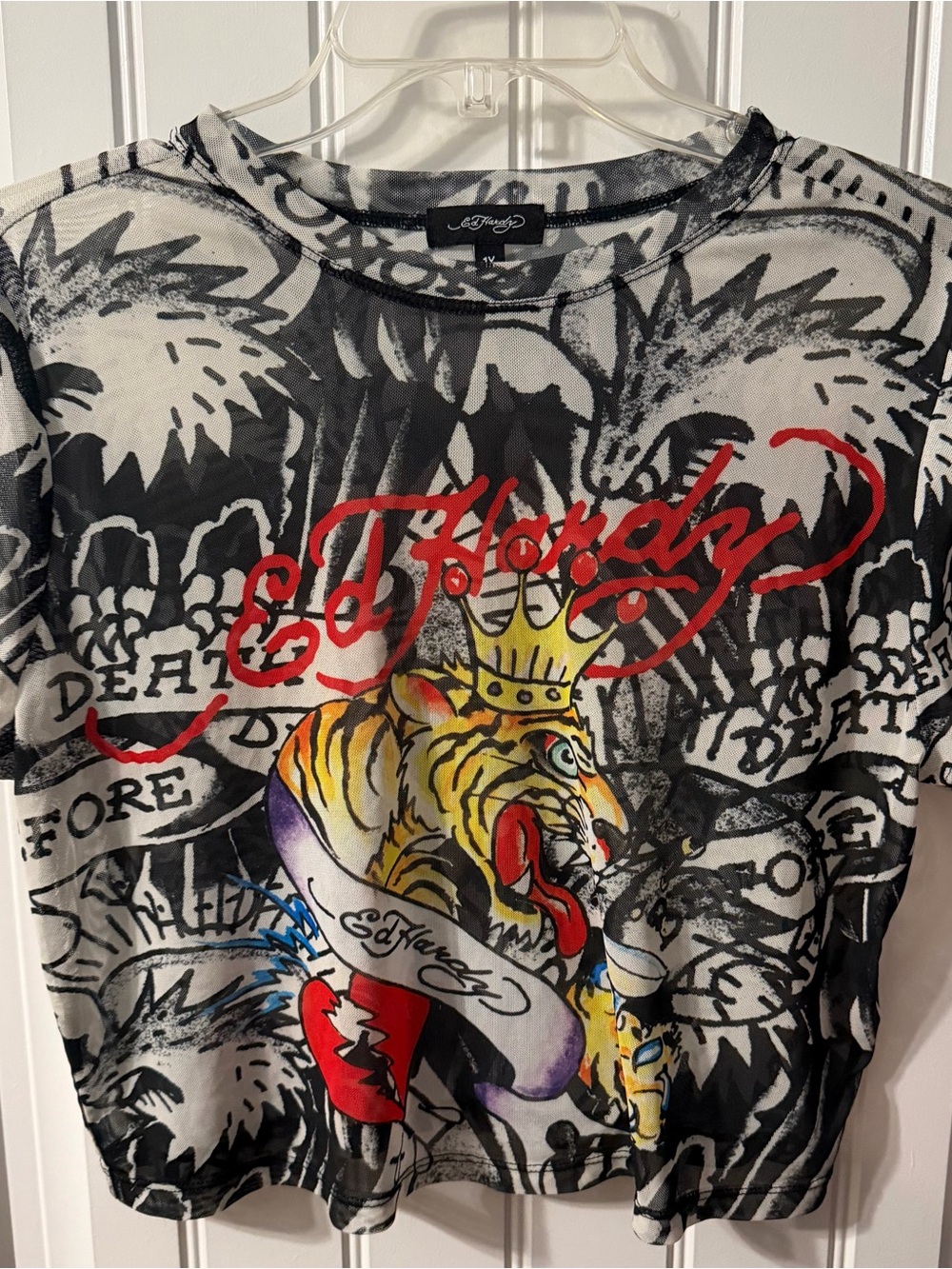 Ed Hardy Kids Black White Graphic Tee with Multicolor Tiger